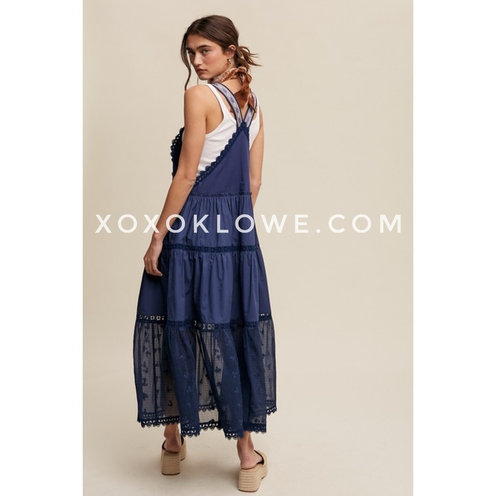 Listicle Navy Blue Lace + Embroidered Tiered Overall Dress | Trails End Skirtall - Picture 5 of 12